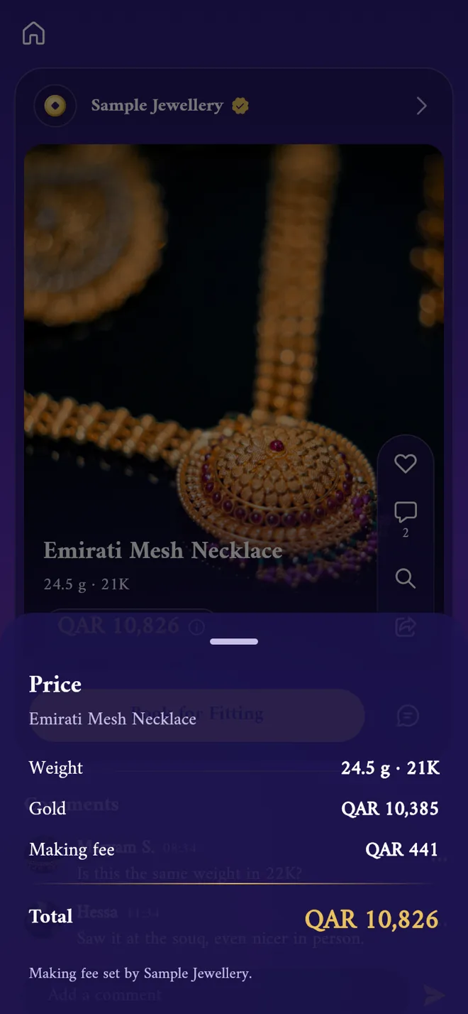 A piece in the KARAT app with its price broken down into gold value and making fee
